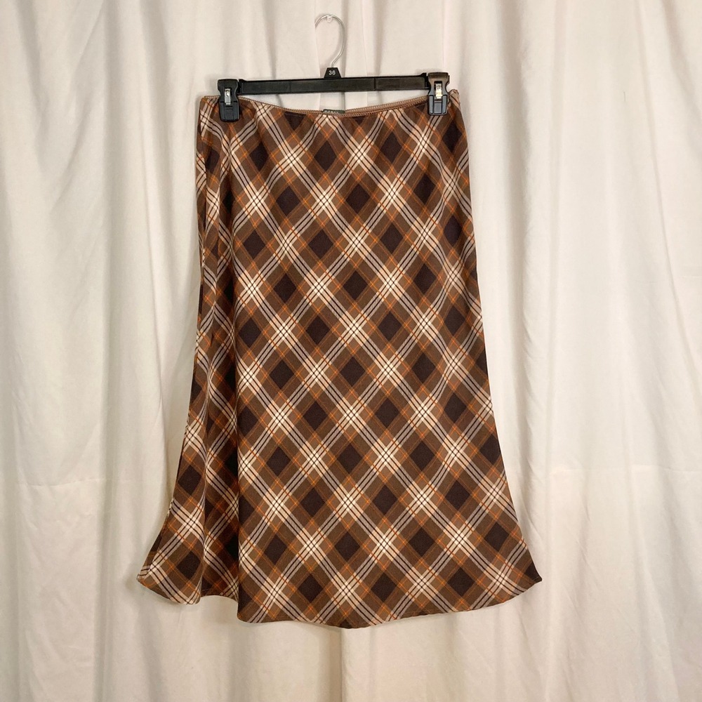 Brown Plaid Midi Skirt A-Line Wild Fable Large Lace Trim Academia Fall Preppy
